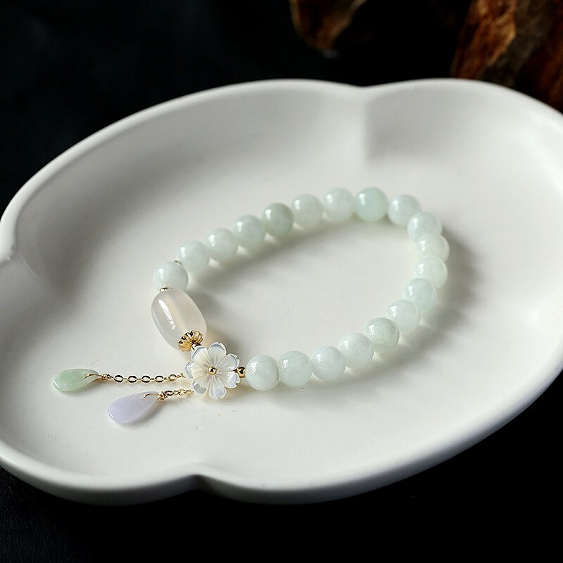 Natural Jadeite & Agate Bracelet – 14K Gold Accents