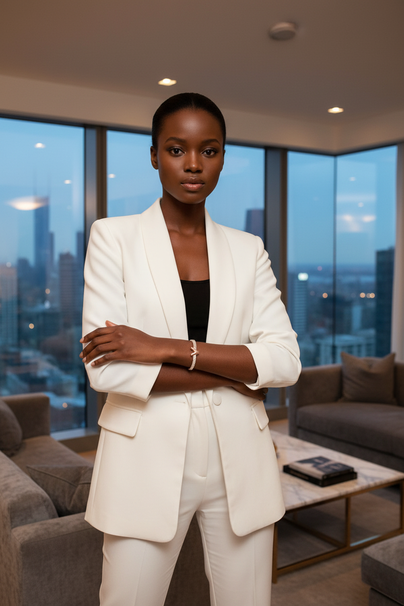 Model wearing Clean Slate rose gold bangle in luxury apartment