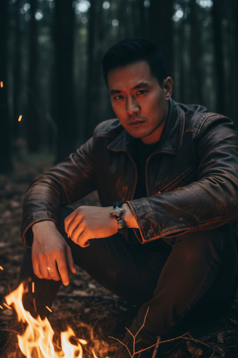 Asian man wearing Paracord Mjolnir Bracelet by campfire at night