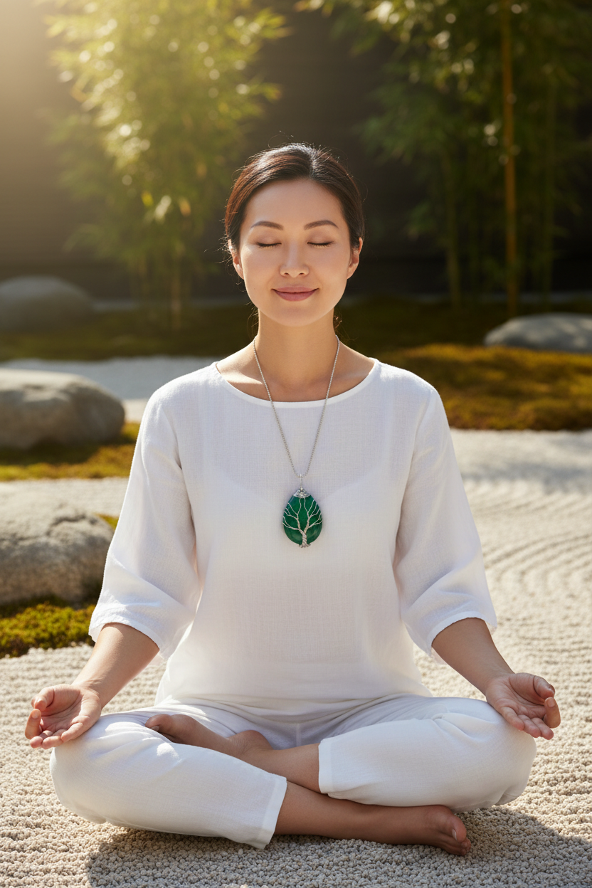 Asian model wearing Celtic Tree of Life Necklace with green aventurine in zen garden