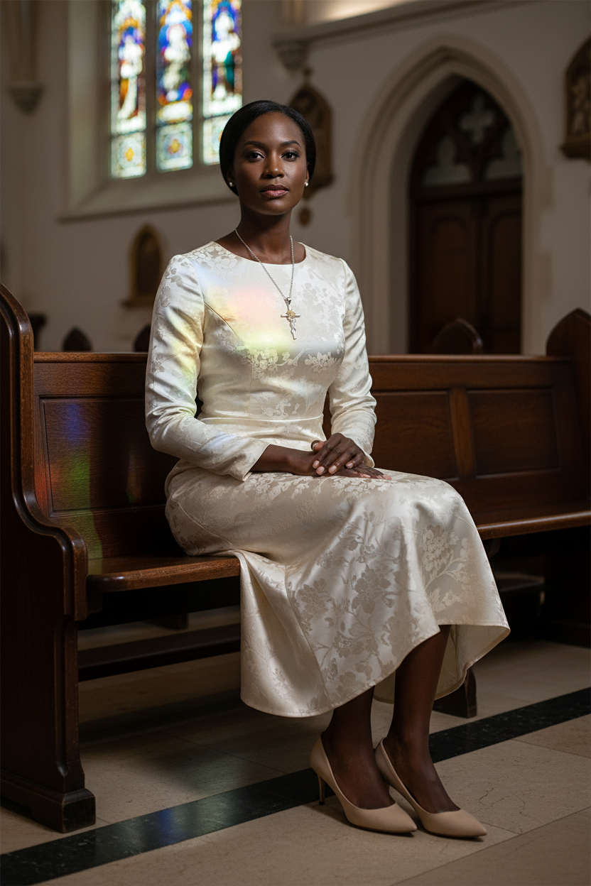 Model wearing Sunflower Cross Pendant Necklace in church with stained glass light