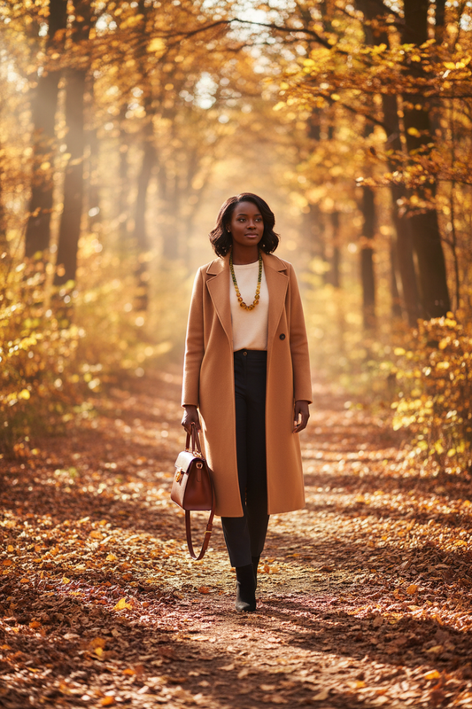 Model wearing Amber Beeswax Bead Necklace walking through autumn forest