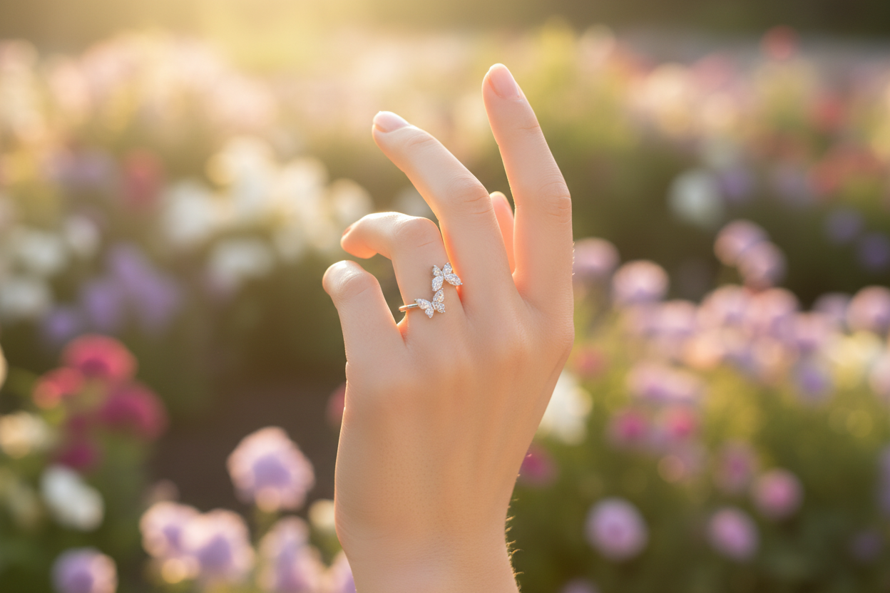 Sterling Silver CZ Butterfly Ring β Garden Golden Hour
