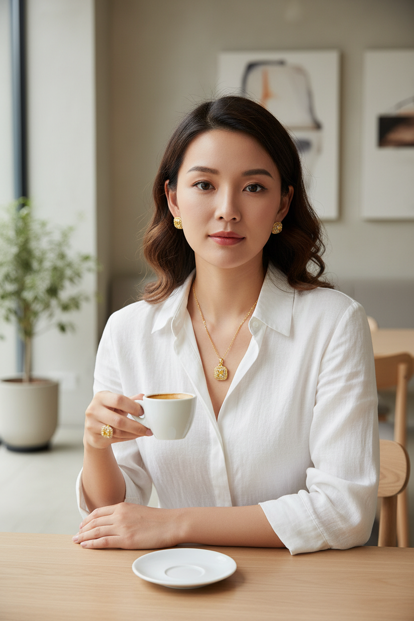Asian model wearing Sugar Cube gold jewelry set at luxury cafe