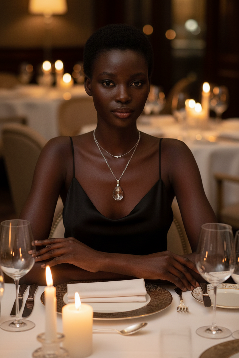 Model wearing Simple Drop Pendant Necklace at candlelit dinner