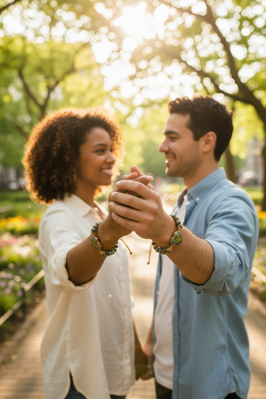 Mixed-race couple wearing matching Natural Stone Love Bracelets holding hands in park