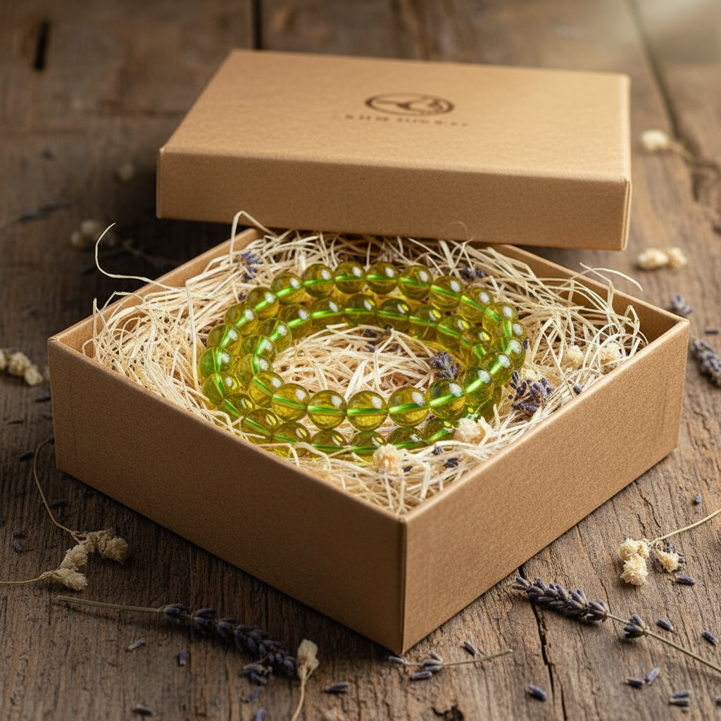 Amber Beeswax Bead Necklace in kraft gift box with dried flowers
