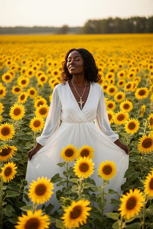 Model wearing Sunflower Cross Pendant Necklace in sunflower field