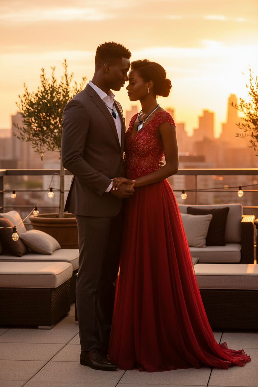 Elegant couple wearing Wishing Stone magnetic heart necklaces on rooftop