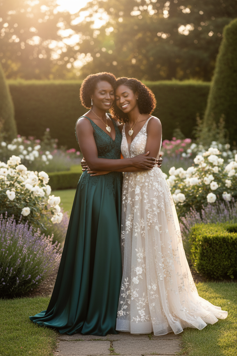 Mother and daughter wearing Heart Wings Locket Necklaces in sunlit garden