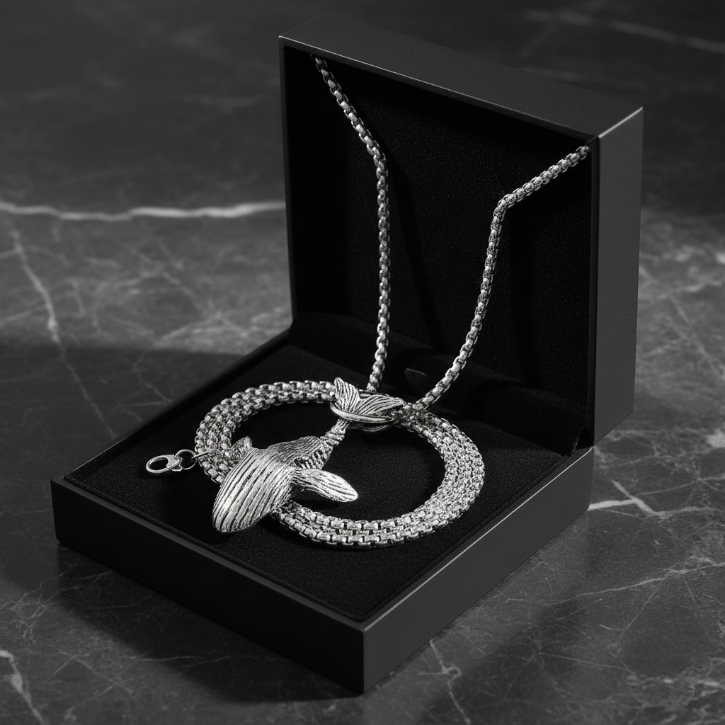 Whale Pendant Necklace in luxury black gift box on dark marble