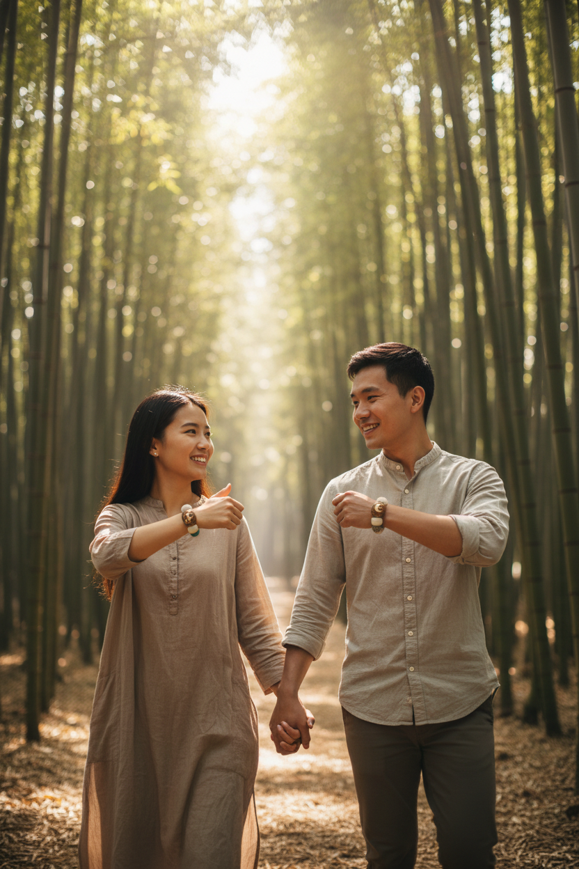 Asian couple wearing matching Bodhi Seed Celestial Bracelets in bamboo forest