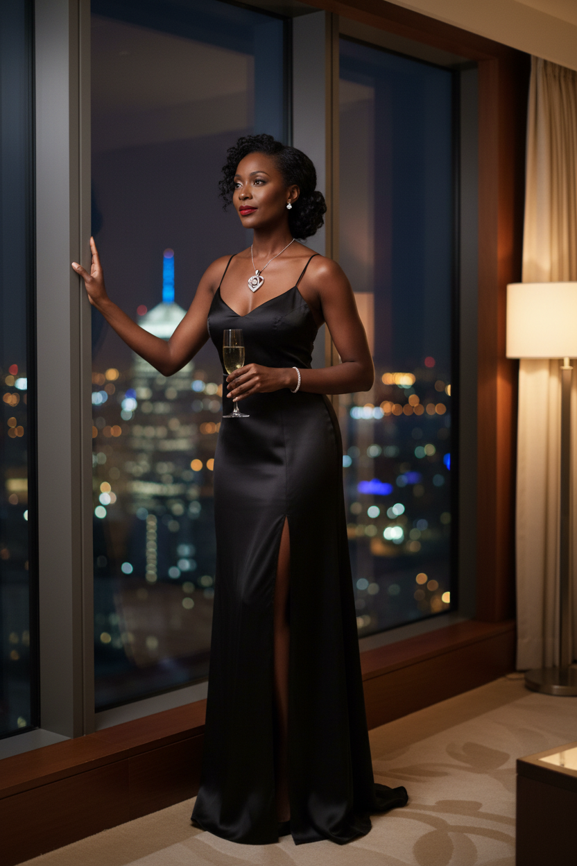 Model wearing Heart to Have You moissanite necklace in luxury hotel suite