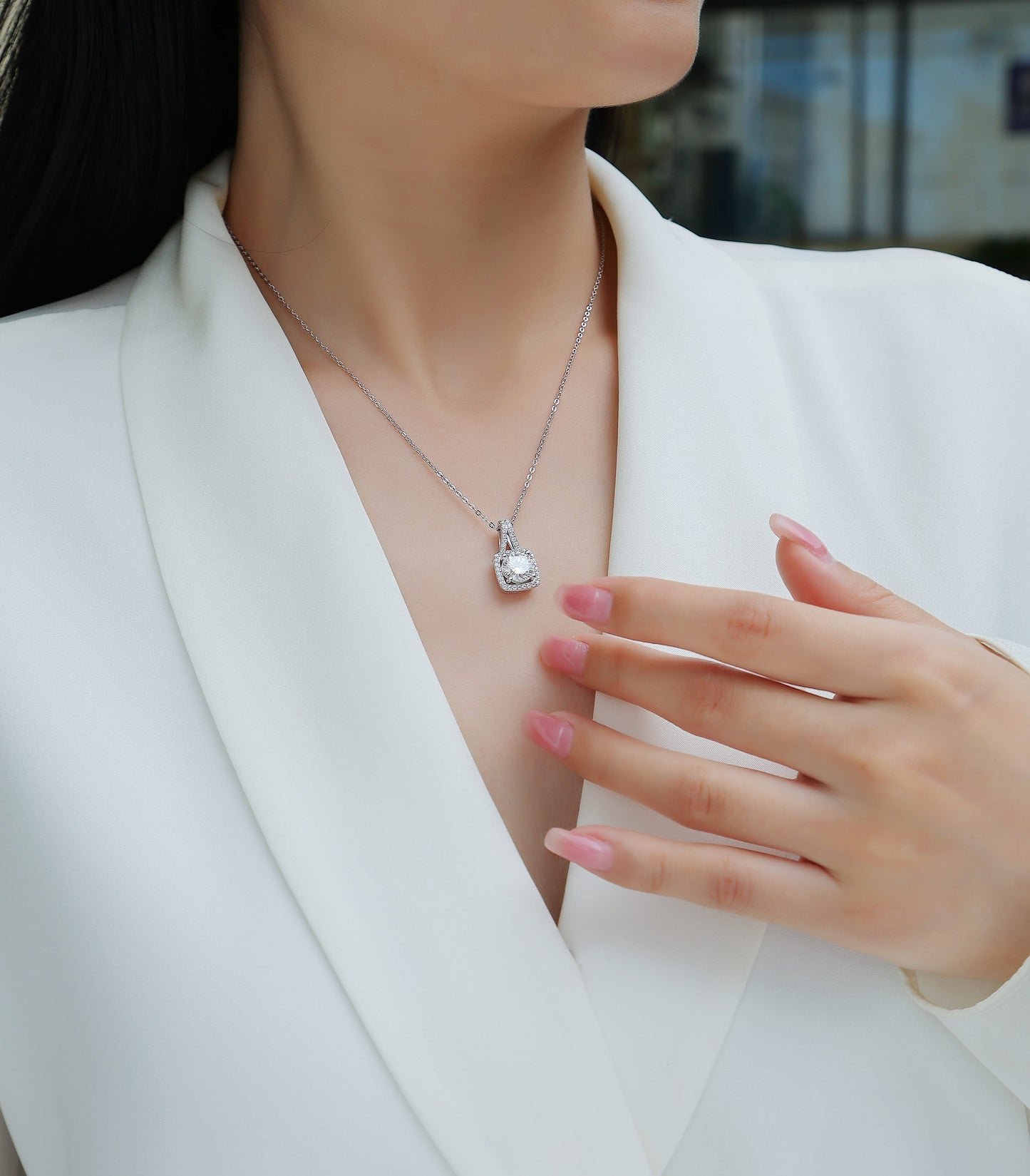 1Crown™ Imperial Square 2-Carat Moissanite Pendant in Platinum-Plated S925 Sterling Silver