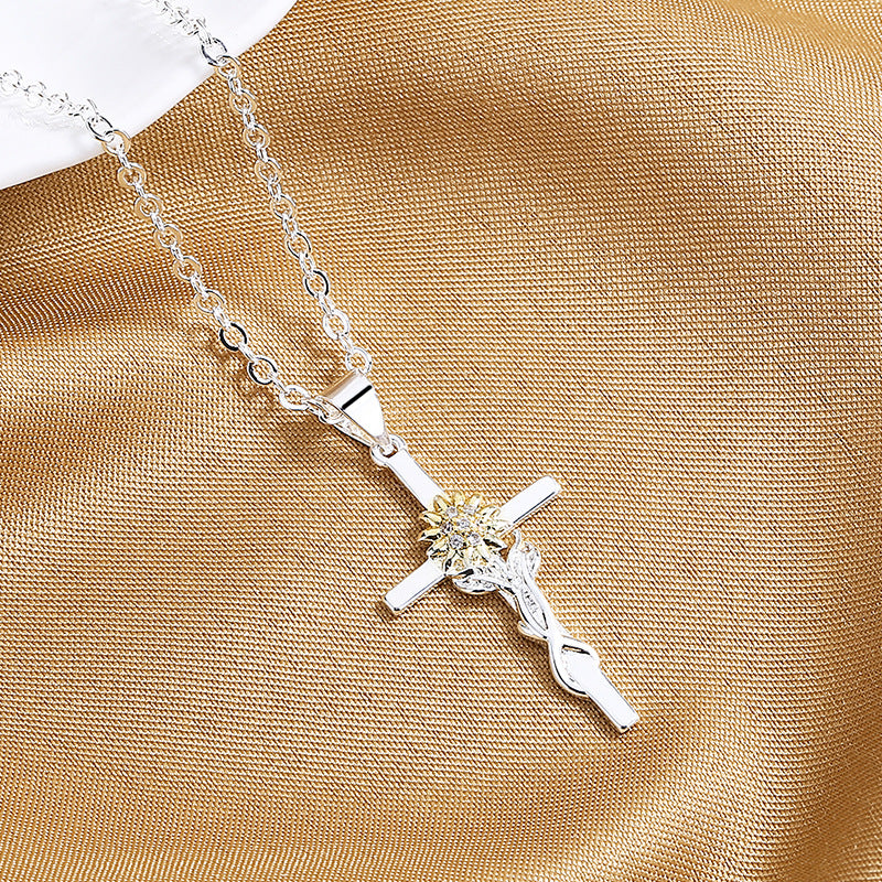 Sunflower Cross Pendant Necklace – Two-Tone Gold & Silver Chain