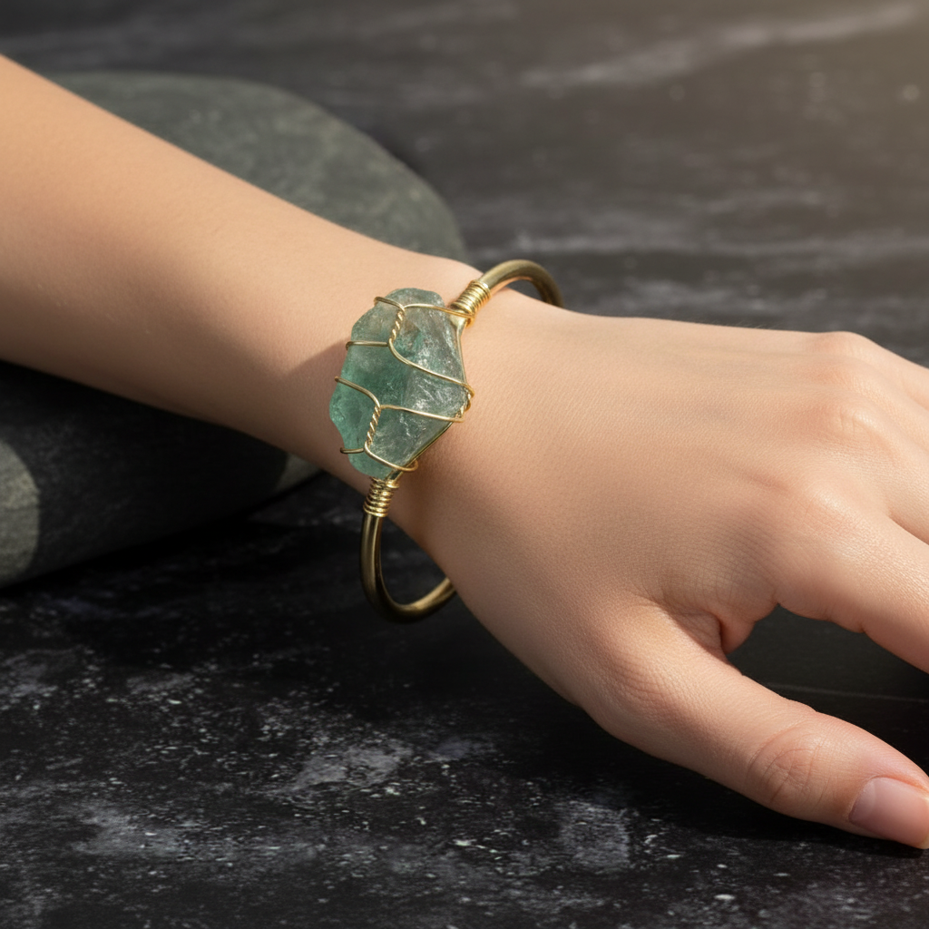 Wire-Wrapped Gemstone Bangle – Adjustable Gold-Tone Bracelet
