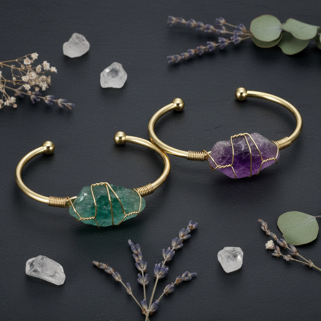 Wire-Wrapped Gemstone Bangle – Adjustable Gold-Tone Bracelet