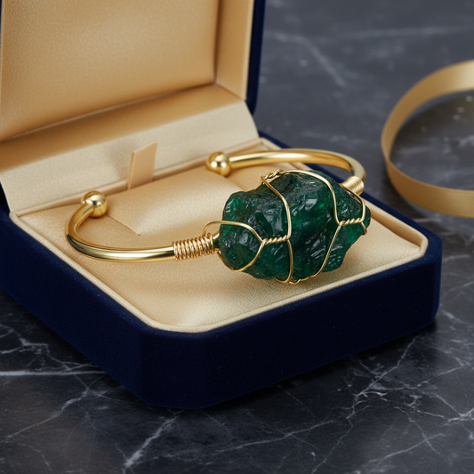 Wire-Wrapped Gemstone Bangle – Adjustable Gold-Tone Bracelet