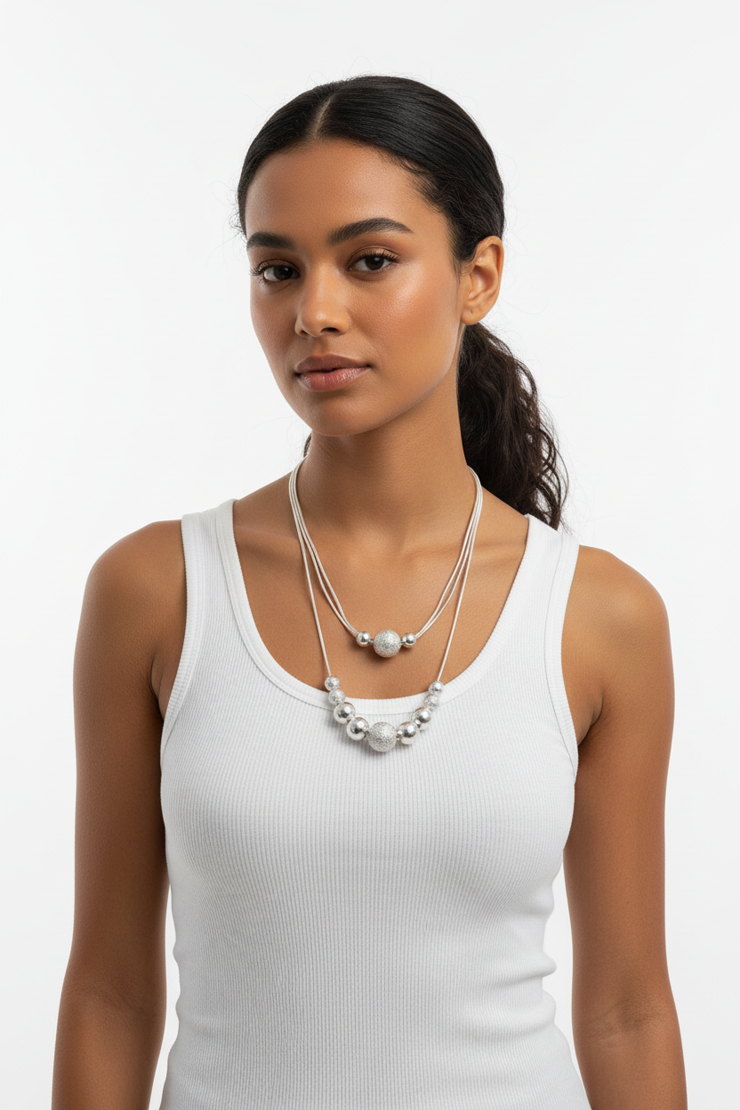 Mixed-race model wearing Silver Bead Chain Necklace in minimalist white studio