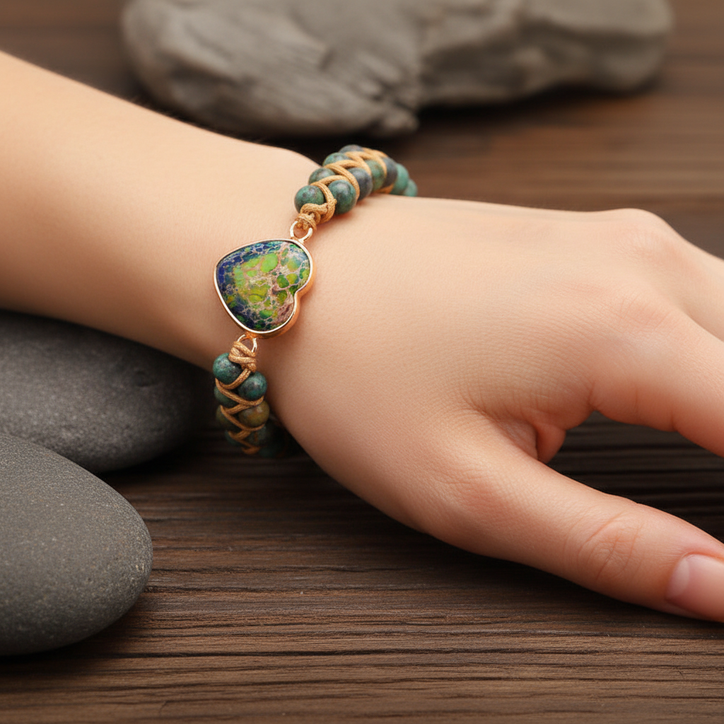 Close-up of Natural Stone Love Bracelet on Caucasian model's wrist