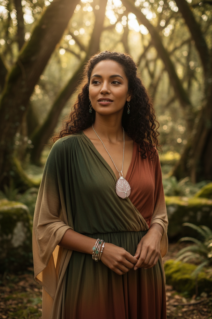 Mixed-race model wearing Celtic Tree of Life Necklace with rose quartz in ancient forest