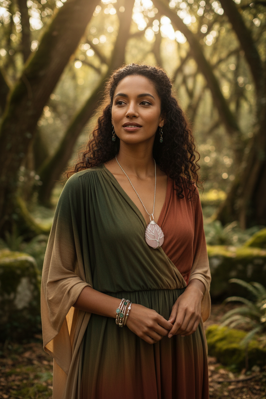 Mixed-race model wearing Celtic Tree of Life Necklace with rose quartz in ancient forest