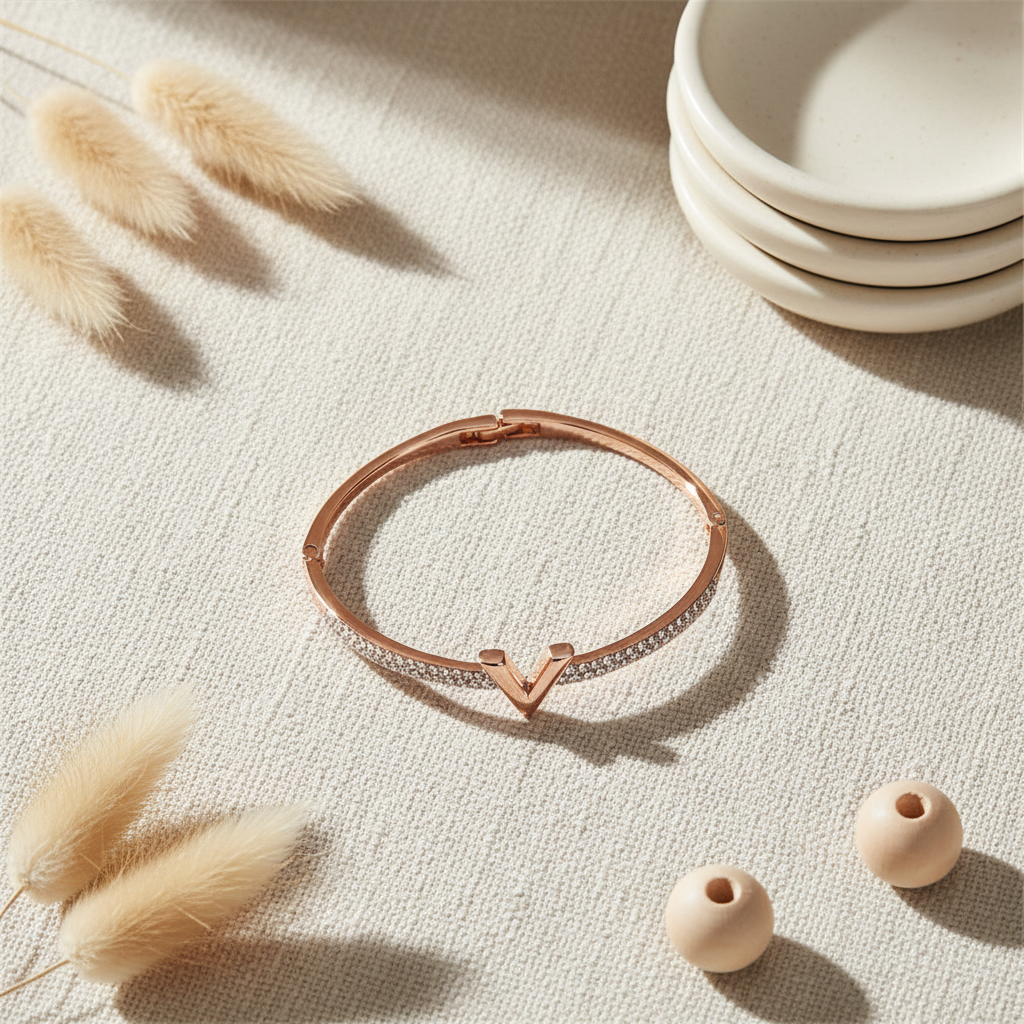 Clean Slate gold and rose gold bangle bracelet flat lay on cream linen