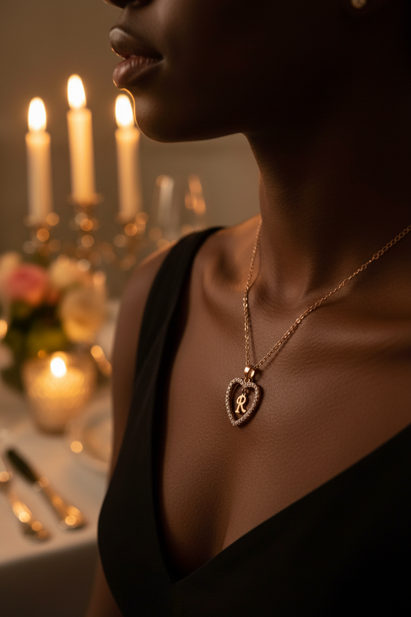 Close-up of Love Language heart necklace in candlelit setting