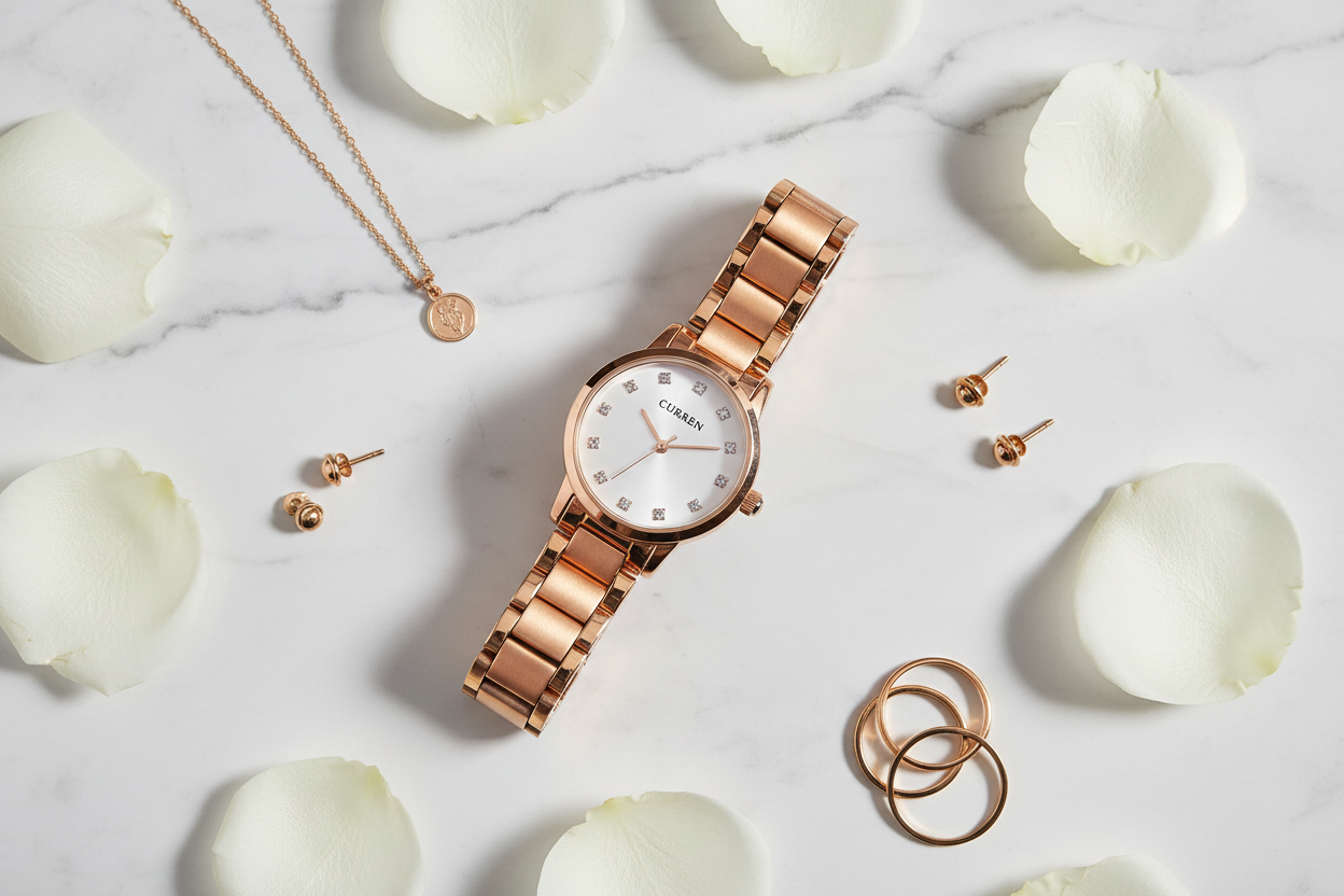 Rose gold women's watch flat lay marble