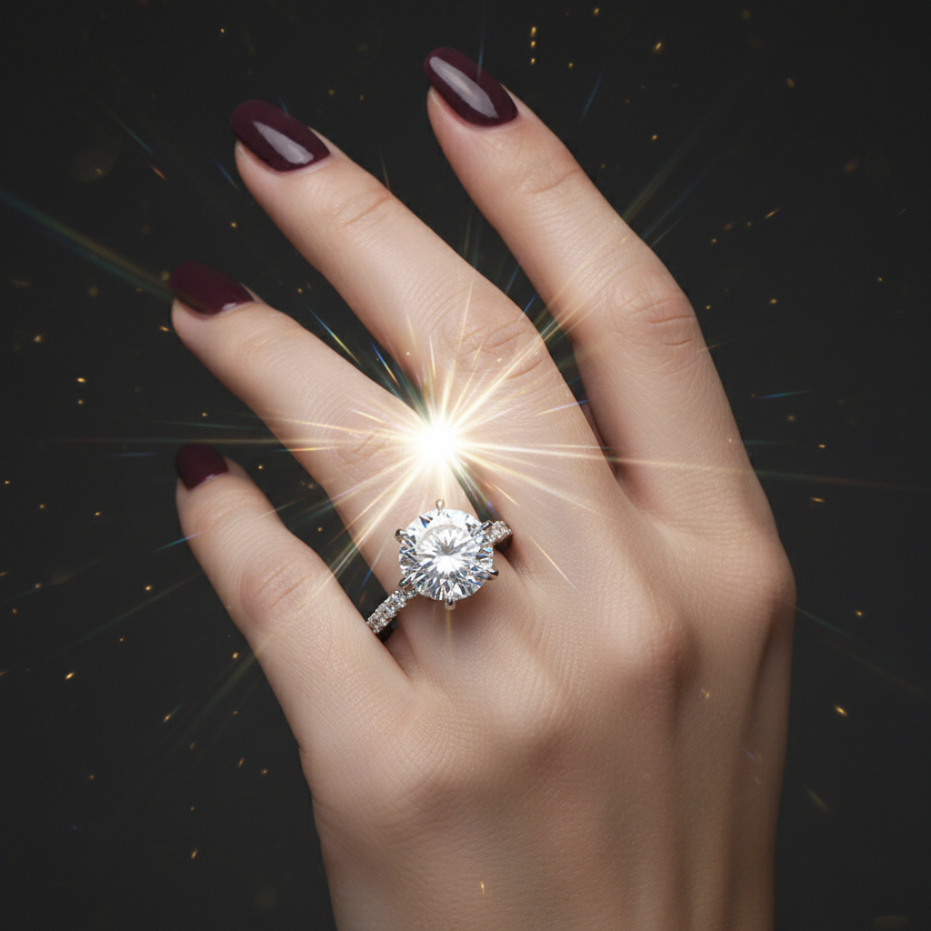 Fireworks Cut Moissanite Ring - hand lifestyle shot