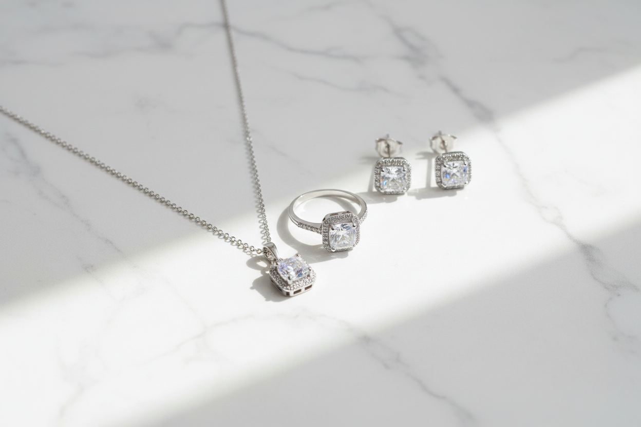 Cushion CZ Silver Jewelry Set – Marble Flat Lay