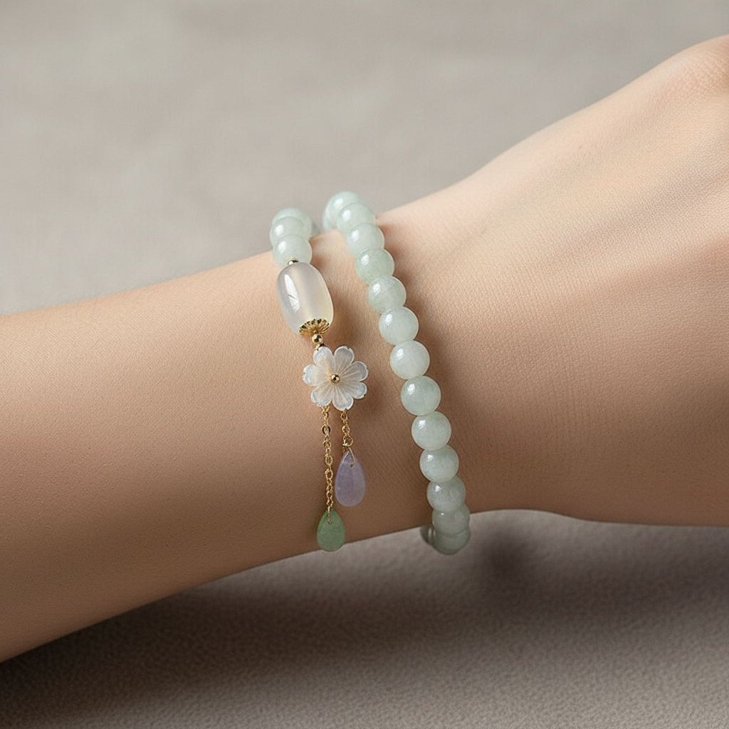 Close-up of Natural Jadeite & Agate Bracelet on Caucasian model's wrist