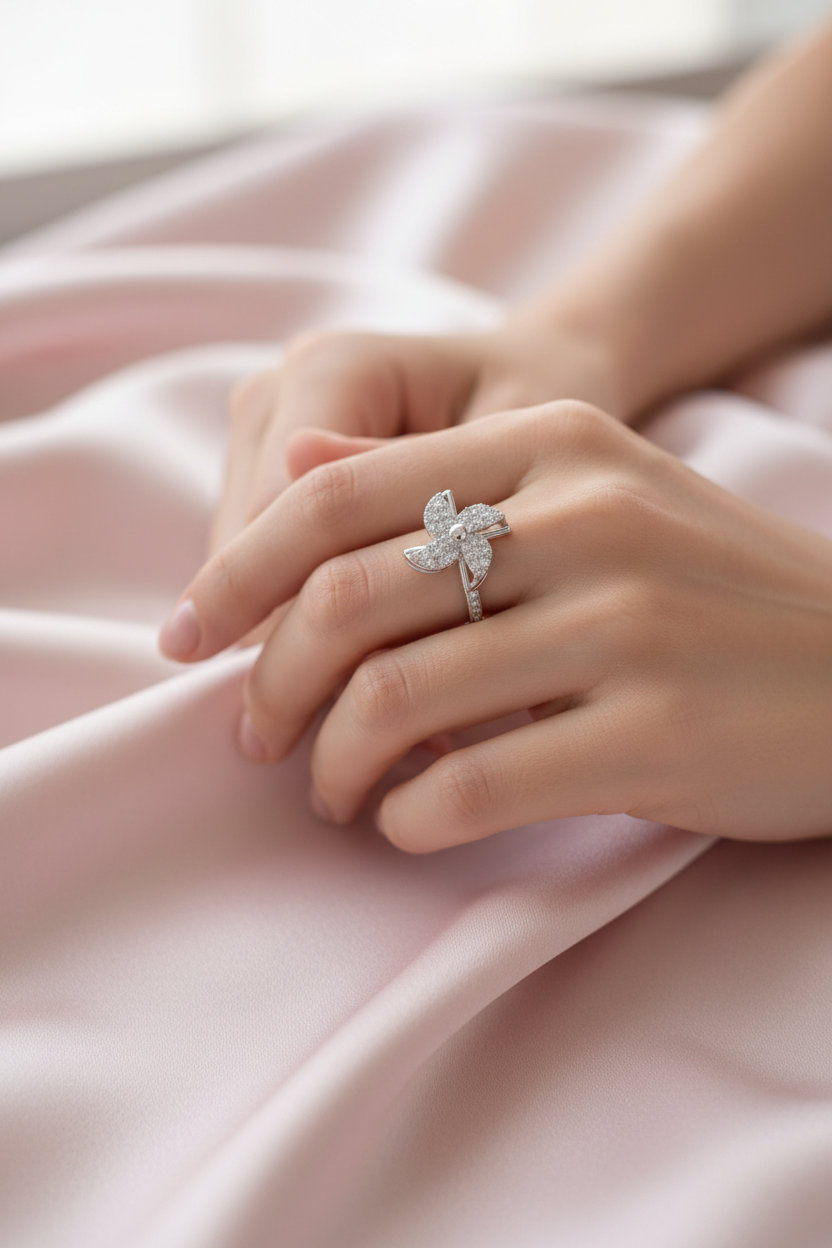 CZ Windmill Flower Ring – Blush Silk