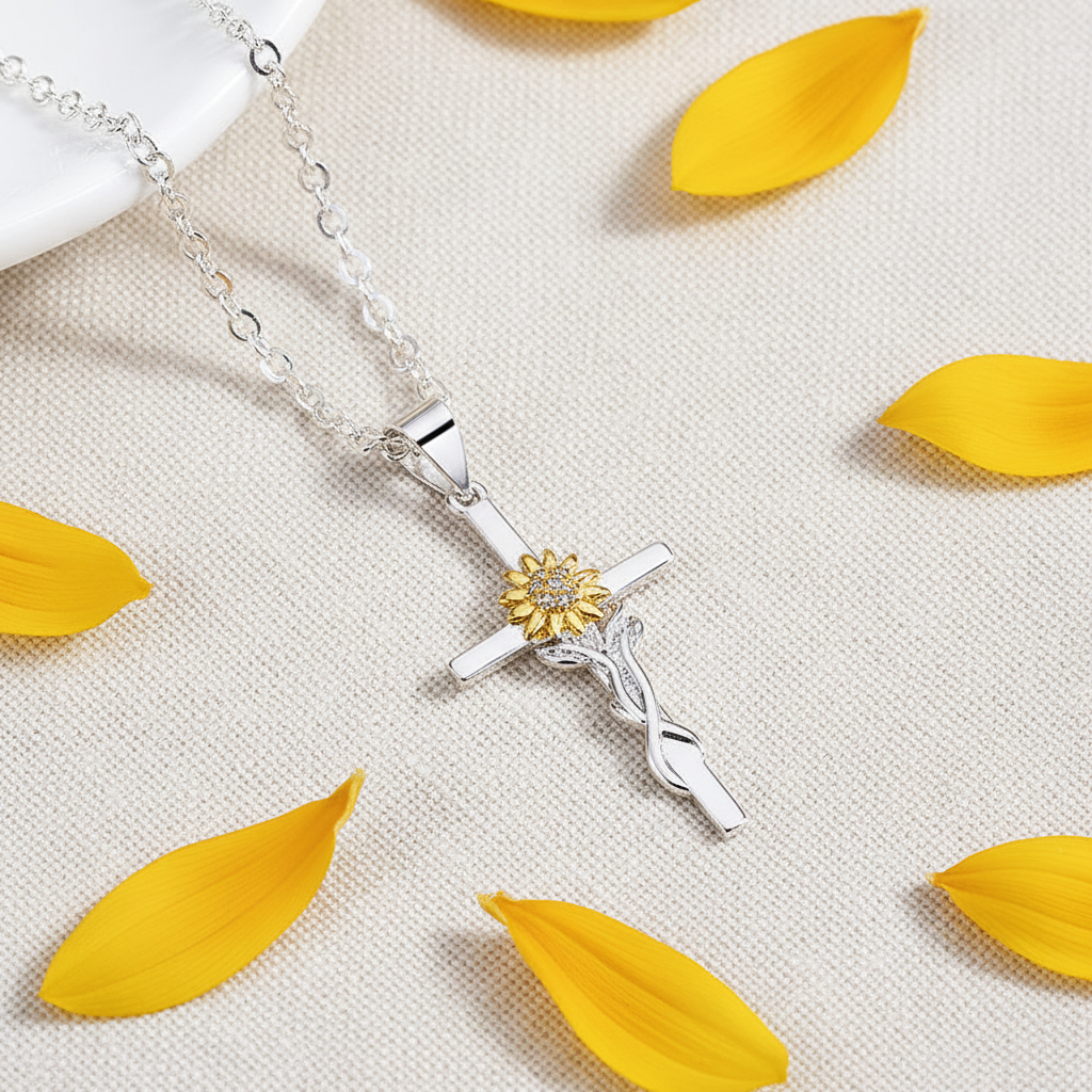 Sunflower Cross Pendant Necklace flat lay with sunflower petals