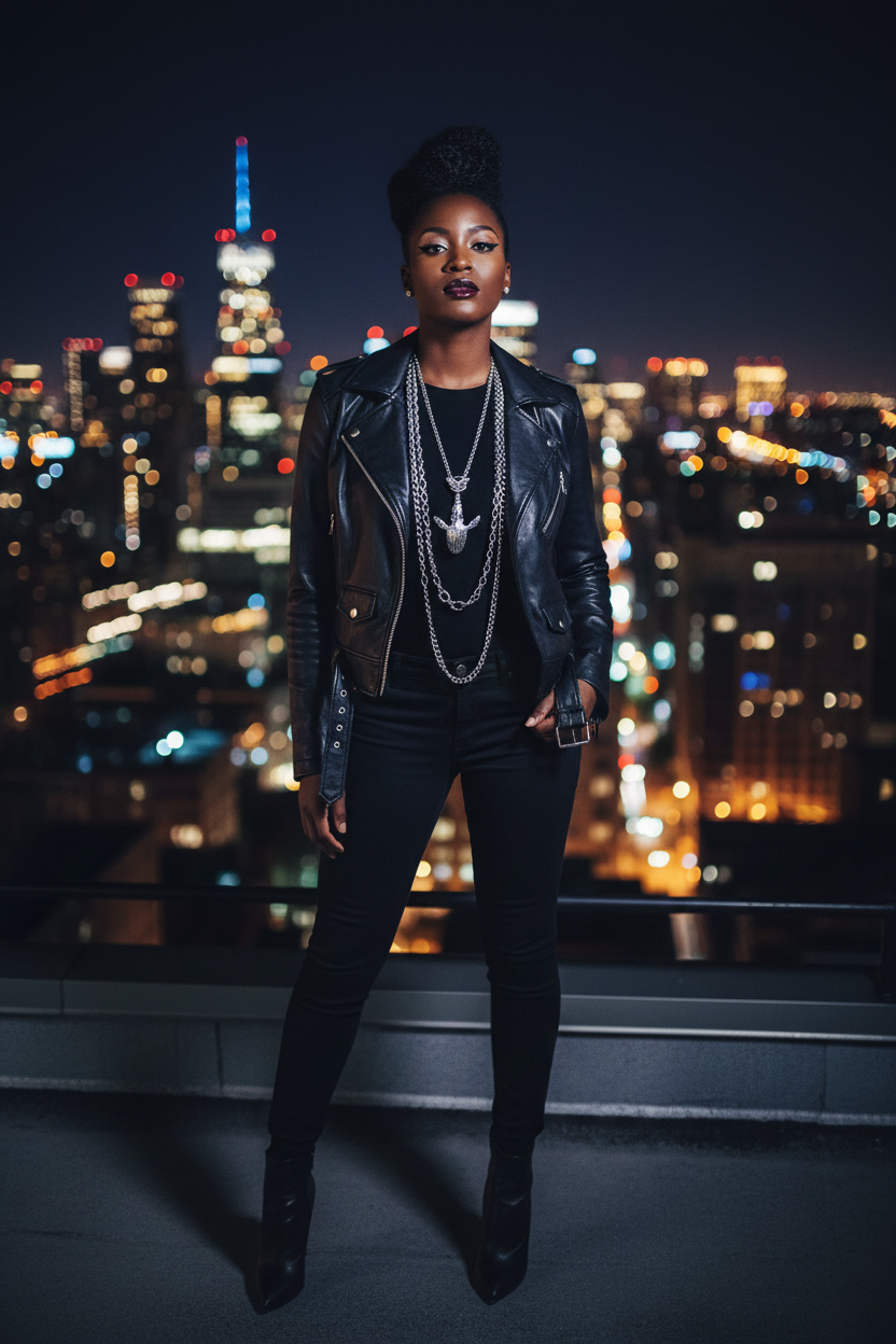 Model wearing Whale Pendant Necklace on rooftop at night with city lights