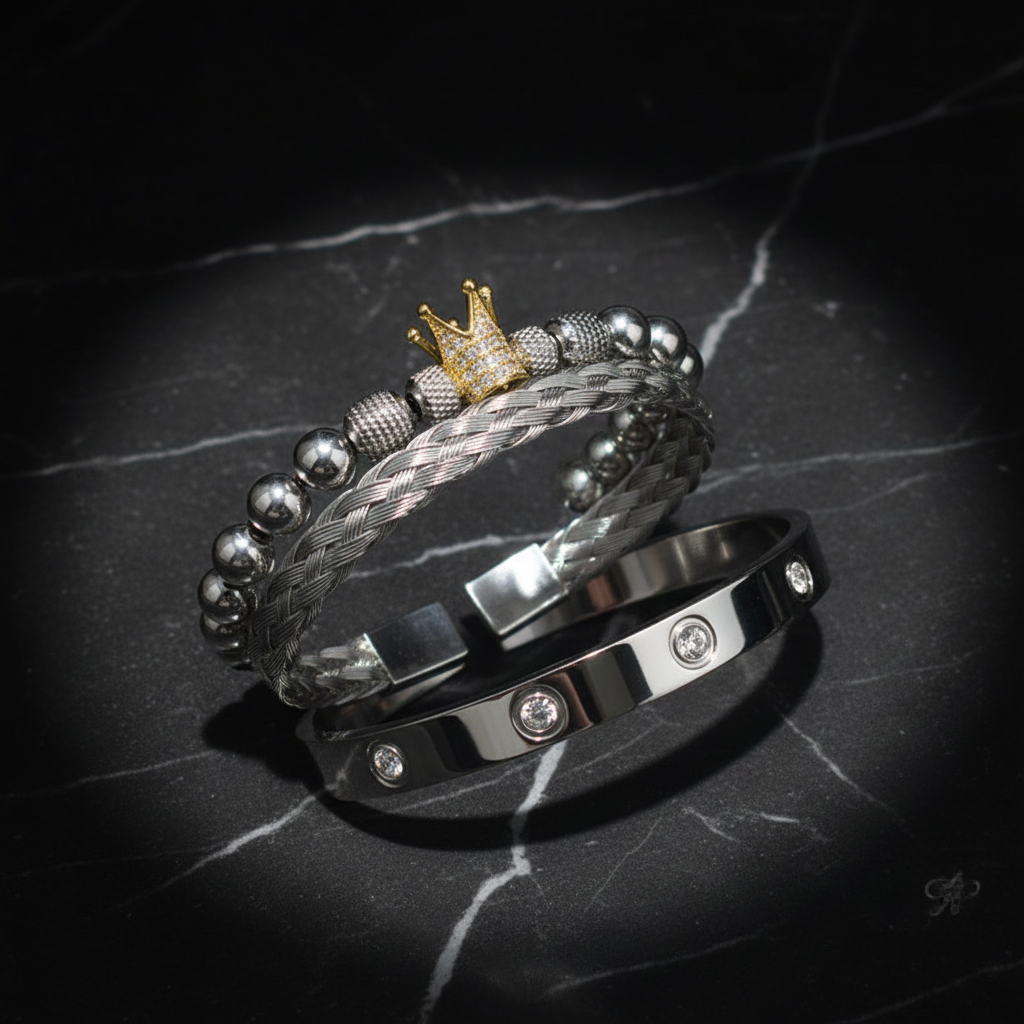 Pineapple Crown Bracelet Set flat lay on black marble