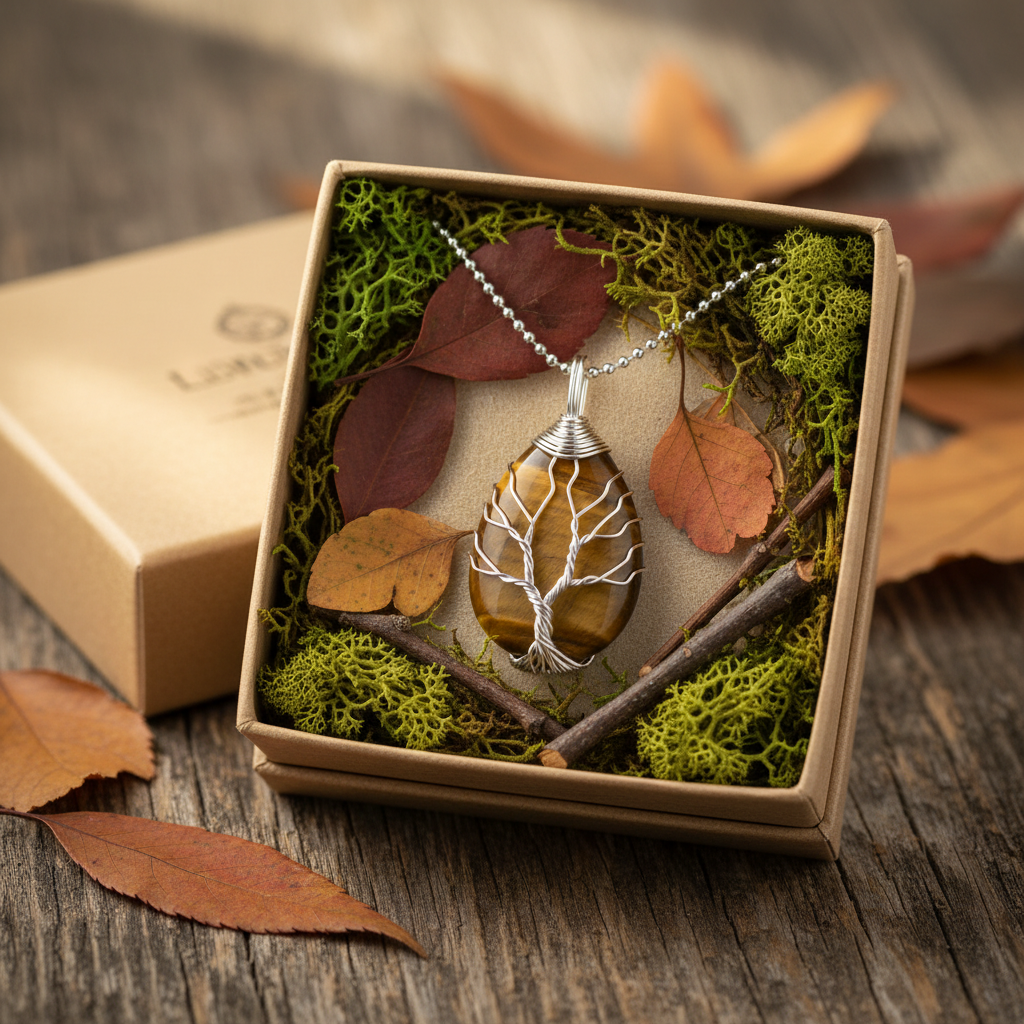 Celtic Tree of Life Necklace with tiger eye stone in kraft gift box