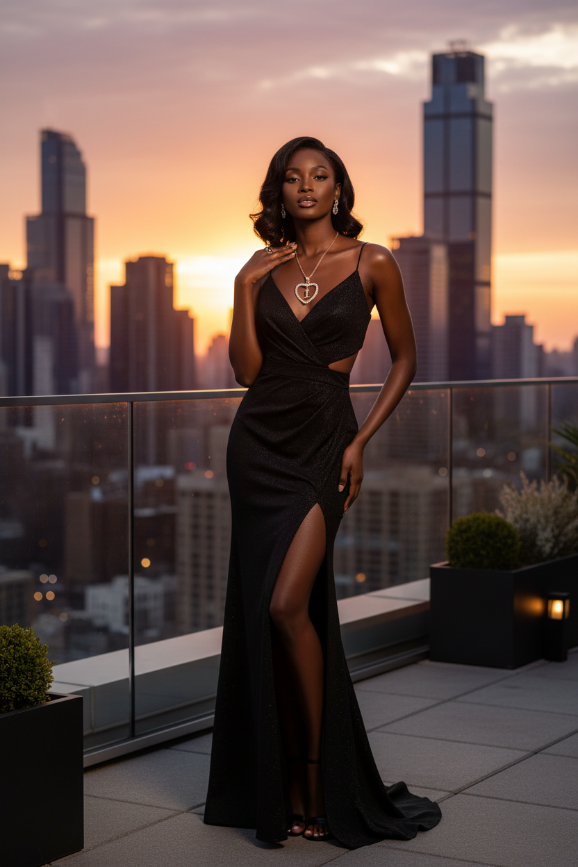Model wearing Love Language heart necklace on rooftop at sunset