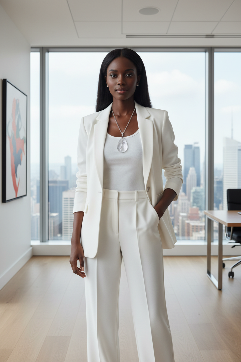 Model wearing Simple Drop Pendant Necklace in modern office