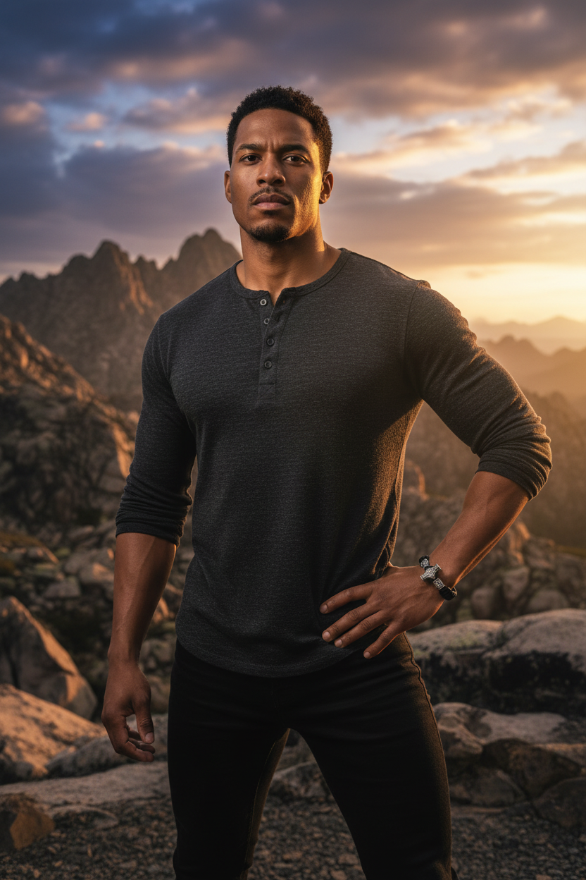 Mixed-race man wearing Paracord Mjolnir Bracelet in rocky mountain landscape