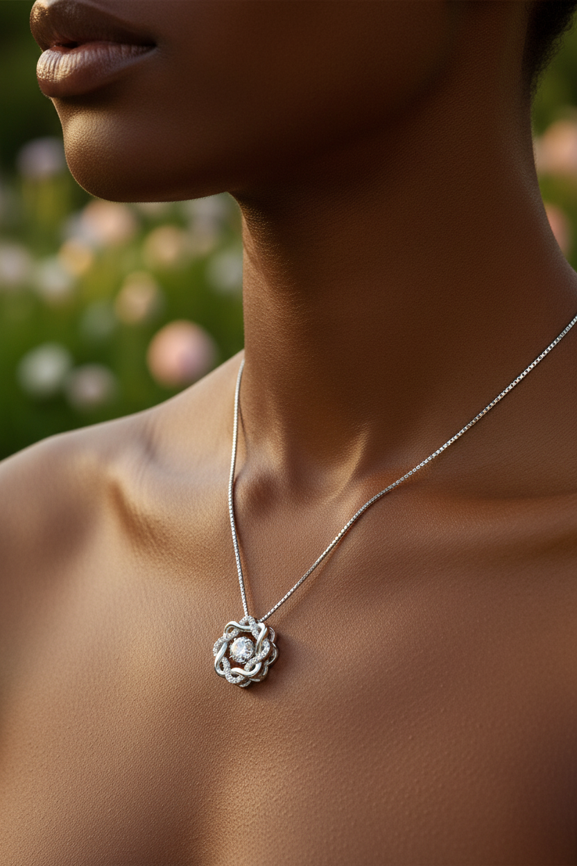 Close-up of model wearing Simply Iconic silver CZ pendant necklace