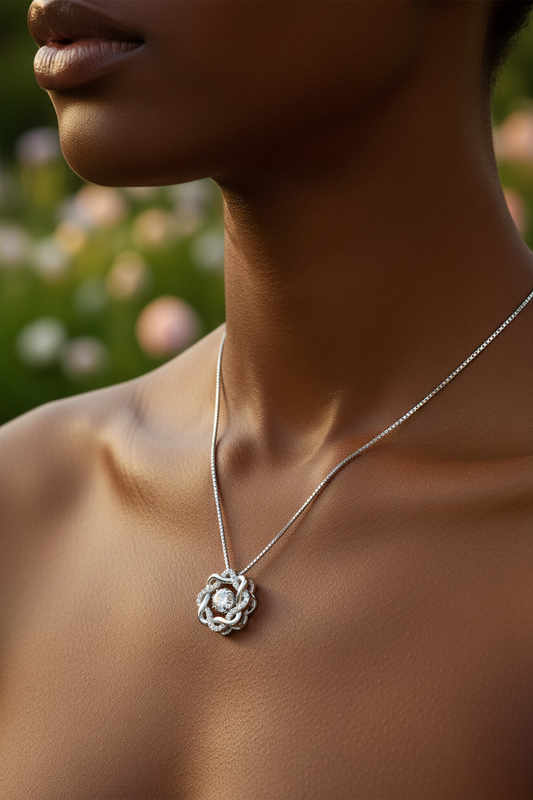 Close-up of model wearing Simply Iconic silver CZ pendant necklace