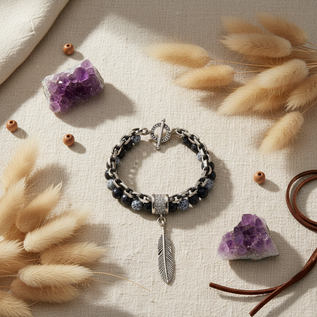 Grounded in Stone bracelet flat lay on cream linen with crystals