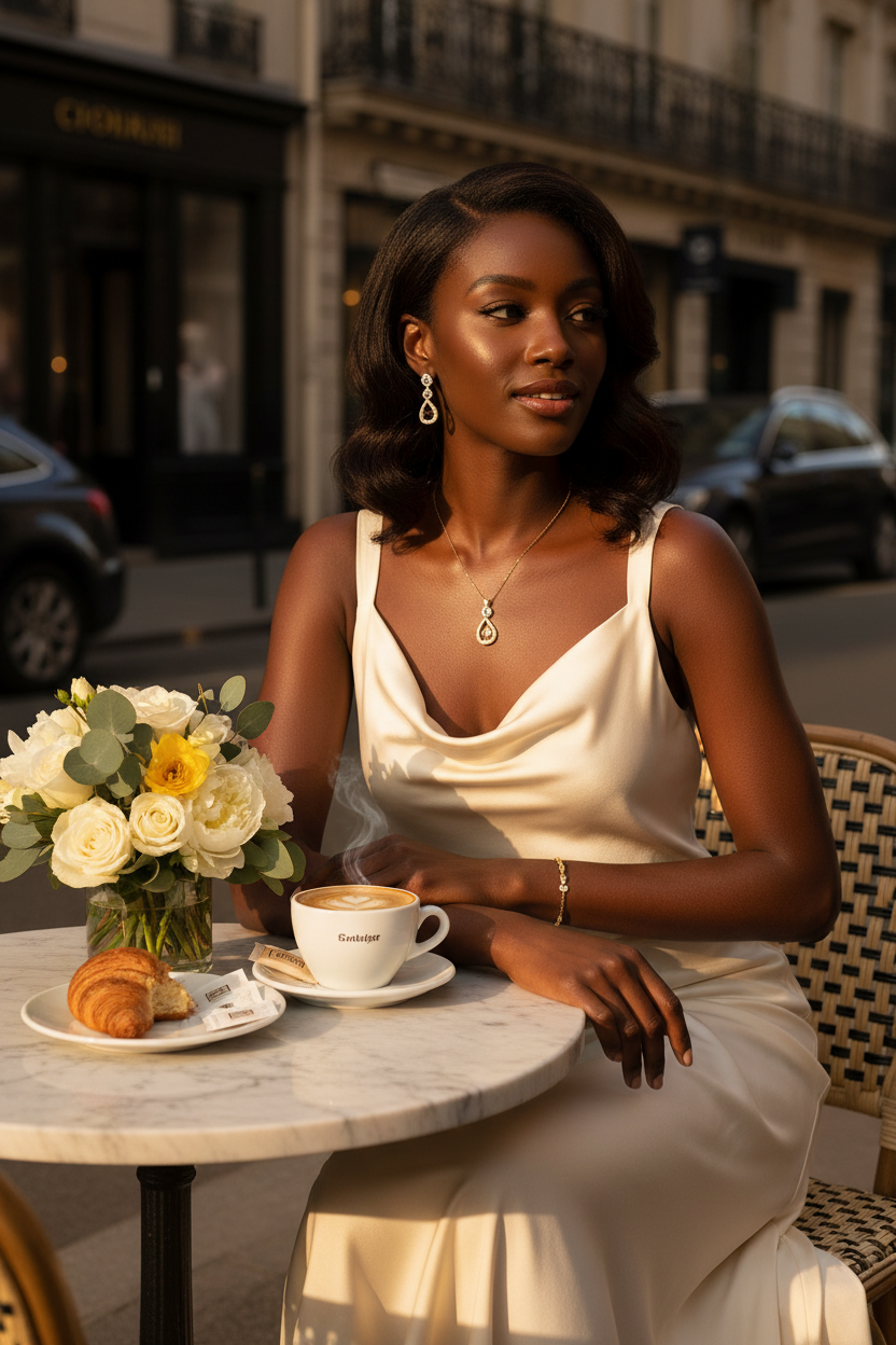 Model wearing Gilded Together gold jewelry set at outdoor cafe