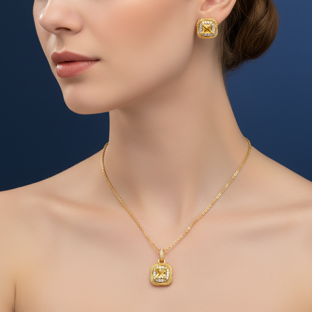 Close-up of Sugar Cube gold necklace and earring on Caucasian model