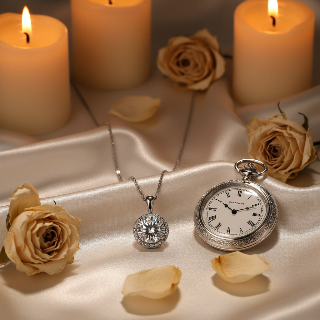 Love of Time Moissanite Necklace flat lay on ivory satin with vintage watch and roses