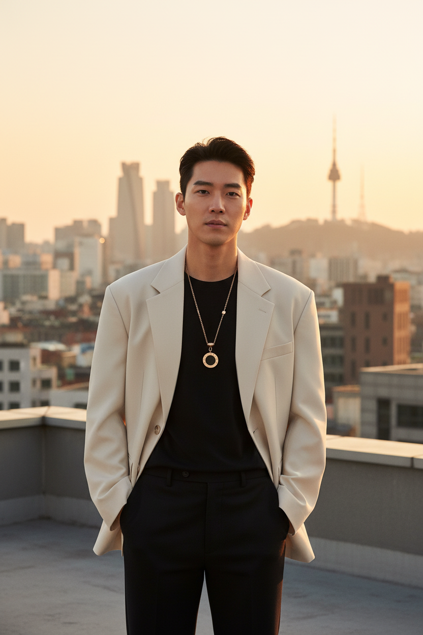 Asian man wearing Korean Titanium Steel Pendant Necklace on Seoul rooftop