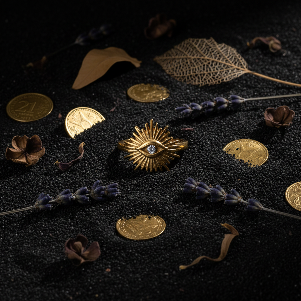 Solana Evil Eye Ring – Dark Mystical Flat Lay