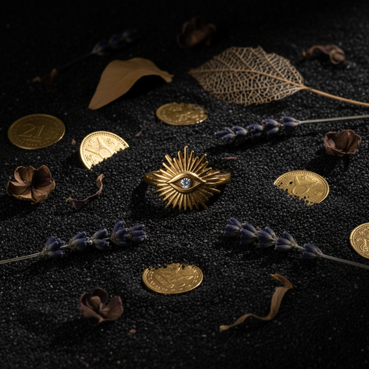 Solana Evil Eye Ring – Dark Mystical Flat Lay