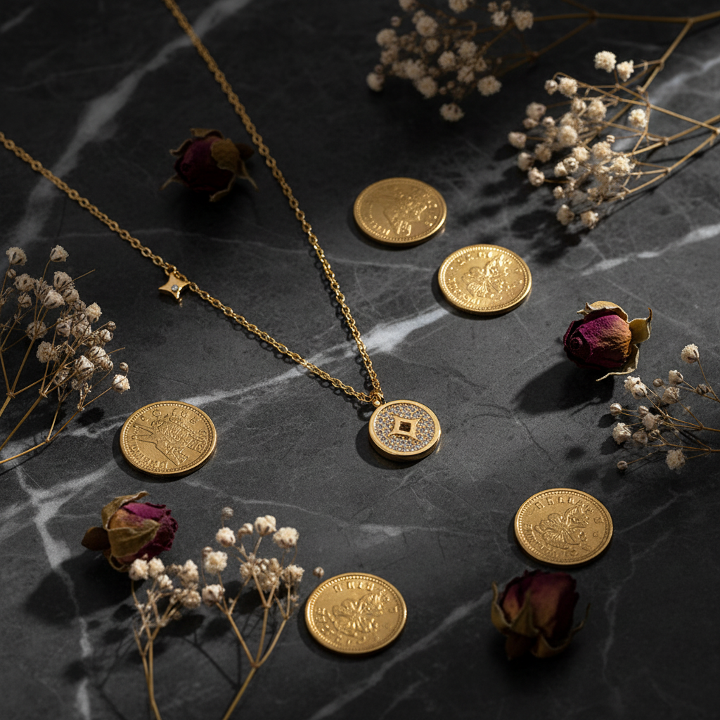 Ancient Coin Pendant Necklace flat lay on dark marble with botanicals